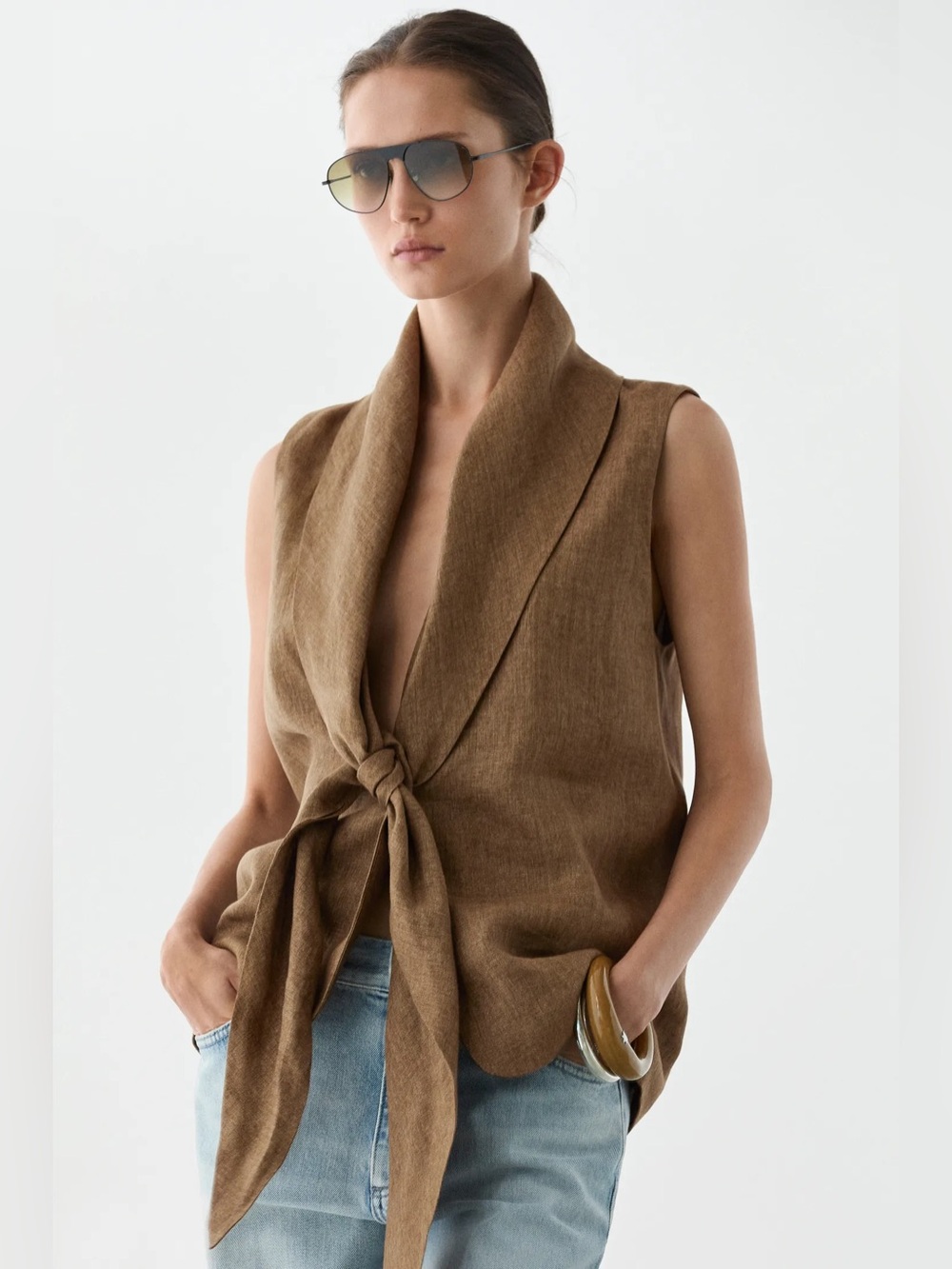Massimo Dutti Sleeveless Tie-Front Linen Top Blouse  in Brown